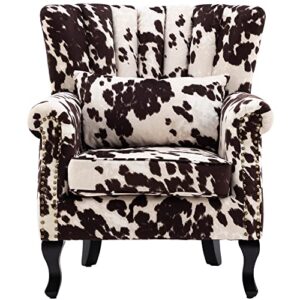 dm furniture dm-furniture cow print accent chair modern tufted wingback armchair club chair velvet single sofa lounge chair with pillow for living room bedroom, cow