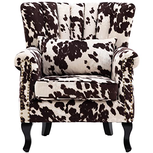 DM Furniture DM-Furniture Cow Print Accent Chair Modern Tufted Wingback Armchair Club Chair Velvet Single Sofa Lounge Chair with Pillow for Living Room Bedroom, Cow