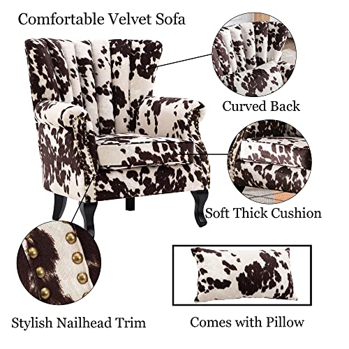 DM Furniture DM-Furniture Cow Print Accent Chair Modern Tufted Wingback Armchair Club Chair Velvet Single Sofa Lounge Chair with Pillow for Living Room Bedroom, Cow