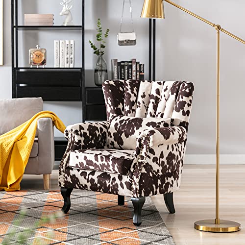 DM Furniture DM-Furniture Cow Print Accent Chair Modern Tufted Wingback Armchair Club Chair Velvet Single Sofa Lounge Chair with Pillow for Living Room Bedroom, Cow