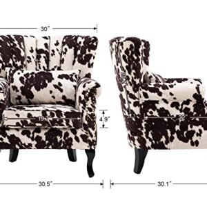 DM Furniture DM-Furniture Cow Print Accent Chair Modern Tufted Wingback Armchair Club Chair Velvet Single Sofa Lounge Chair with Pillow for Living Room Bedroom, Cow