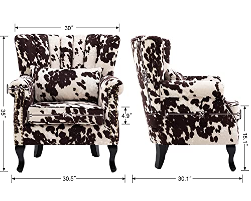 DM Furniture DM-Furniture Cow Print Accent Chair Modern Tufted Wingback Armchair Club Chair Velvet Single Sofa Lounge Chair with Pillow for Living Room Bedroom, Cow