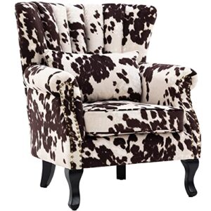 DM Furniture DM-Furniture Cow Print Accent Chair Modern Tufted Wingback Armchair Club Chair Velvet Single Sofa Lounge Chair with Pillow for Living Room Bedroom, Cow