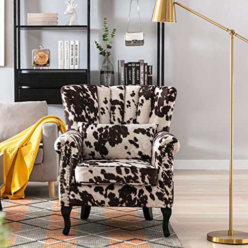 DM Furniture DM-Furniture Cow Print Accent Chair Modern Tufted Wingback Armchair Club Chair Velvet Single Sofa Lounge Chair with Pillow for Living Room Bedroom, Cow