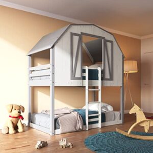 Child Craft Rustic Barn House Twin Over Twin Bunk Bed for Kids, Low Wooden Montessori Bunk Bed