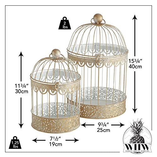 WHW Whole House Worlds Hamptons Romantic Gold Bird Cages, Set of 2, Decorative, Table Top Centerpieces, Latch Top, Metal, Handmade, 11.75 and 15.75 Inches