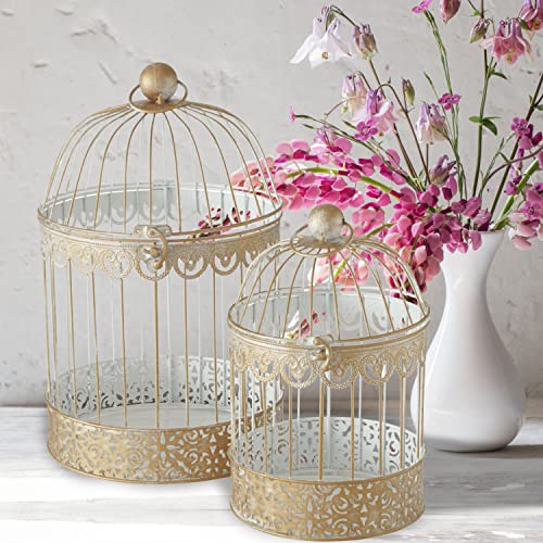 WHW Whole House Worlds Hamptons Romantic Gold Bird Cages, Set of 2, Decorative, Table Top Centerpieces, Latch Top, Metal, Handmade, 11.75 and 15.75 Inches