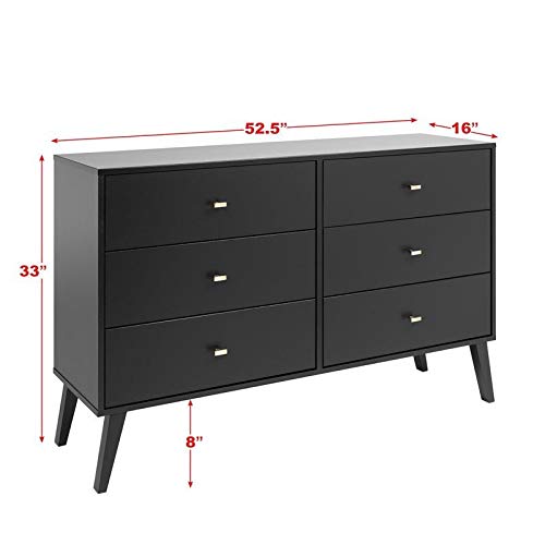 Prepac Milo Mid-Century 6 Drawer Dresser For Bedroom, 16" D x 52.50" W x 33" H, Black