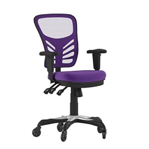 flash furniture nicholas mid-back multifunction executive swivel ergonomic office chair with adjustable arms, transparent roller wheels, 27″, purple mesh