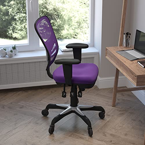 Flash Furniture Nicholas Mid-Back Multifunction Executive Swivel Ergonomic Office Chair with Adjustable Arms, Transparent Roller Wheels, 27", Purple Mesh