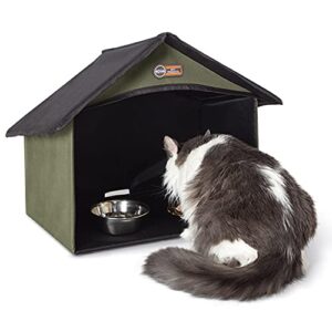 k&h pet products outdoor kitty dining room outdoor cat shelter for food & water, purrfect for outdoor feral cats and community cats olive 14 x 20 x 16.5