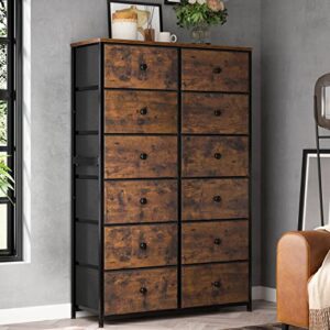 enhomee tall dressers for bedroom, 12 drawer dresser with wooden top and metal frame, fabric dresser & chest of drawers for bedroom closet living room, rustic brown, 11.8″ d x 34.7″ w x 52.4″ h