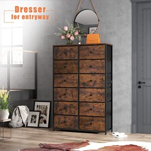 EnHomee Tall Dressers for Bedroom, 12 Drawer Dresser with Wooden Top and Metal Frame, Fabric Dresser & Chest of Drawers for Bedroom Closet Living Room, Rustic Brown, 11.8" D x 34.7" W x 52.4" H