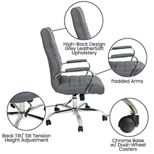 Flash Furniture Whitney High Back Desk Chair - Gray LeatherSoft Executive Swivel Office Chair with Chrome Frame - Swivel Arm Chair