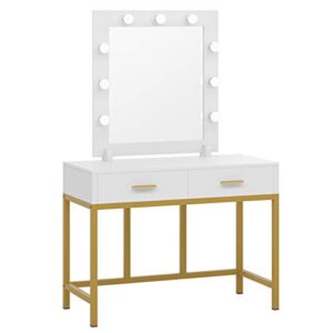 tribesigns vanity table with lighted mirror, makeup vanity dressing table with 9 lights and 2 drawers for women, dresser desk vanity set for bedroom, gold (white)