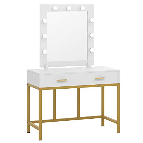 Tribesigns Vanity Table with Lighted Mirror, Makeup Vanity Dressing Table with 9 Lights and 2 Drawers for Women, Dresser Desk Vanity Set for Bedroom, Gold (White)