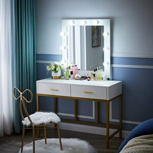 Tribesigns Vanity Table with Lighted Mirror, Makeup Vanity Dressing Table with 9 Lights and 2 Drawers for Women, Dresser Desk Vanity Set for Bedroom, Gold (White)