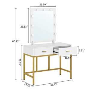 Tribesigns Vanity Table with Lighted Mirror, Makeup Vanity Dressing Table with 9 Lights and 2 Drawers for Women, Dresser Desk Vanity Set for Bedroom, Gold (White)