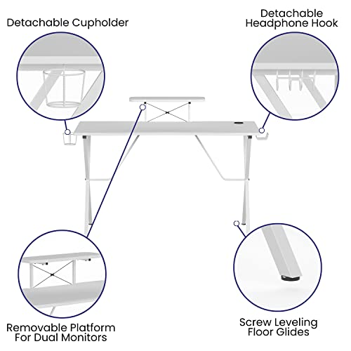 Flash Furniture Gaming Desk - White Computer Desk - 51.5" Gamers Table with Cup Holder, Headphone Hook, and Monitor/Smartphone Stand