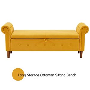 Aoowow Storage Bench for Bedroom End of Bed Rolled Armed Linen Fabric Ottoman Couch Long Bench Window Sitting Fireplace Toy Storage Bench, Yellow