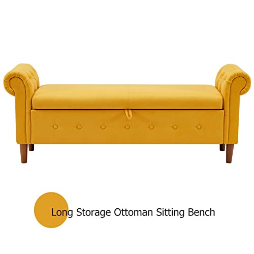 Aoowow Storage Bench for Bedroom End of Bed Rolled Armed Linen Fabric Ottoman Couch Long Bench Window Sitting Fireplace Toy Storage Bench, Yellow