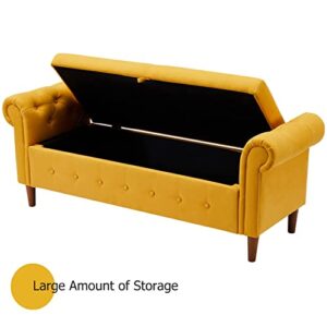 Aoowow Storage Bench for Bedroom End of Bed Rolled Armed Linen Fabric Ottoman Couch Long Bench Window Sitting Fireplace Toy Storage Bench, Yellow