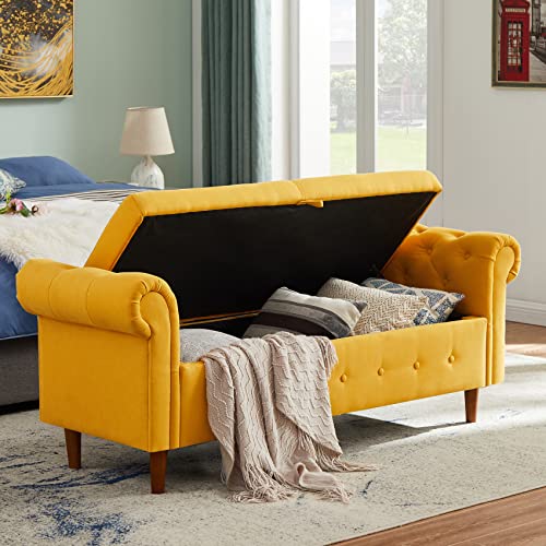 Aoowow Storage Bench for Bedroom End of Bed Rolled Armed Linen Fabric Ottoman Couch Long Bench Window Sitting Fireplace Toy Storage Bench, Yellow