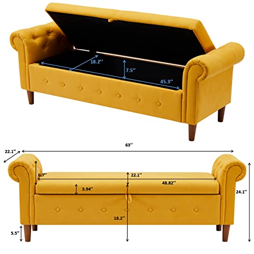 Aoowow Storage Bench for Bedroom End of Bed Rolled Armed Linen Fabric Ottoman Couch Long Bench Window Sitting Fireplace Toy Storage Bench, Yellow