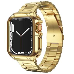 compatible with apple watch band and case, stainless steel metal chain with tpu cover, smart-watch link bracelet strap, wrist-band for i-watch series 8 7 6 5 4 3 2 1 se se2, 45mm 44mm 42mm, gold
