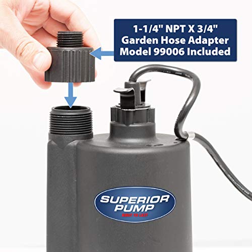 Superior Pump 91330 1/3 HP Thermoplastic Submersible Utility Pump with 10-Foot Cord