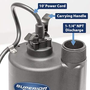 Superior Pump 91330 1/3 HP Thermoplastic Submersible Utility Pump with 10-Foot Cord