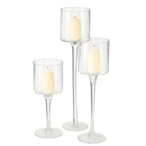 WHW Whole House Worlds Oversized Hamptons Long Stem Goblet Candle Holders, Set of 3, Centerpiece, Crystal Clear Glass, 19.75, 15.75, 11.75 Tall, 4.75 Diameter Cup for Tea Lights or Vo