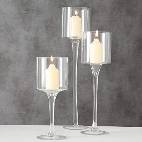 WHW Whole House Worlds Oversized Hamptons Long Stem Goblet Candle Holders, Set of 3, Centerpiece, Crystal Clear Glass, 19.75, 15.75, 11.75 Tall, 4.75 Diameter Cup for Tea Lights or Vo
