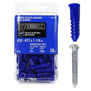 50 piece expansion anchors with screws assortment set, designed for drywall and plaster, includes 50 pcs #10-#12 x 1-1/4 in. ribbed plastic anchors & 50 pcs #10 x 1-1/2 in. self tapping screws