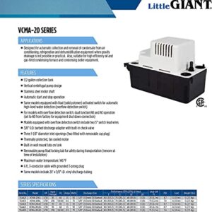 Little Giant VCMA-20ULST 115 Volt, 80 GPH, 1/30 HP Automatic Condensate Removal Pump with Safety Switch and Tubing, White/Black, 554435