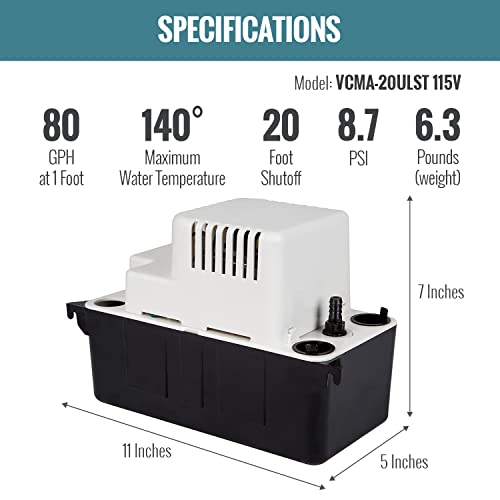 Little Giant VCMA-20ULST 115 Volt, 80 GPH, 1/30 HP Automatic Condensate Removal Pump with Safety Switch and Tubing, White/Black, 554435