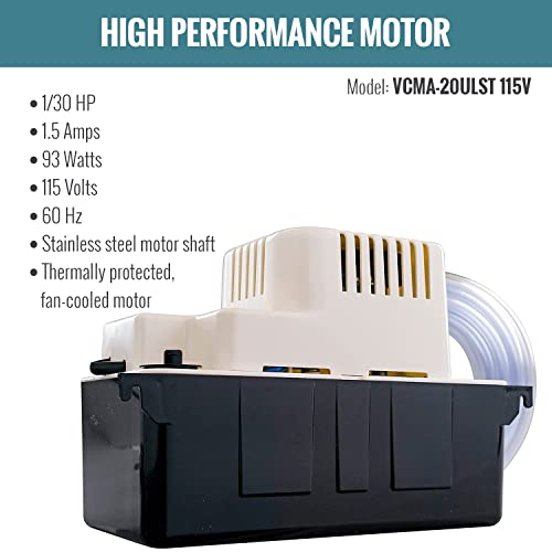 Little Giant VCMA-20ULST 115 Volt, 80 GPH, 1/30 HP Automatic Condensate Removal Pump with Safety Switch and Tubing, White/Black, 554435