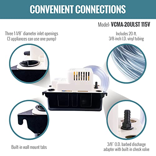 Little Giant VCMA-20ULST 115 Volt, 80 GPH, 1/30 HP Automatic Condensate Removal Pump with Safety Switch and Tubing, White/Black, 554435