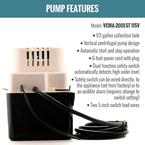 Little Giant VCMA-20ULST 115 Volt, 80 GPH, 1/30 HP Automatic Condensate Removal Pump with Safety Switch and Tubing, White/Black, 554435