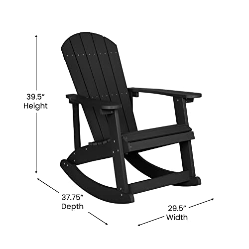 Flash Furniture Savannah Poly Resin Wood Adirondack Rocking Chair - All Weather Black Polystyrene - Stainless Steel Hardware