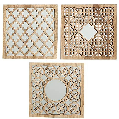 WHW Whole House Worlds Hamptons Lattice Framed Mirrors, Set of 3, Square Panels, Brilliant Reflective Glass, Rustic Wood Grain, MDF, 11.75 x 11.75 Inches