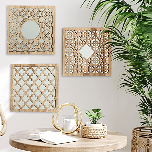 WHW Whole House Worlds Hamptons Lattice Framed Mirrors, Set of 3, Square Panels, Brilliant Reflective Glass, Rustic Wood Grain, MDF, 11.75 x 11.75 Inches