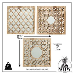 WHW Whole House Worlds Hamptons Lattice Framed Mirrors, Set of 3, Square Panels, Brilliant Reflective Glass, Rustic Wood Grain, MDF, 11.75 x 11.75 Inches