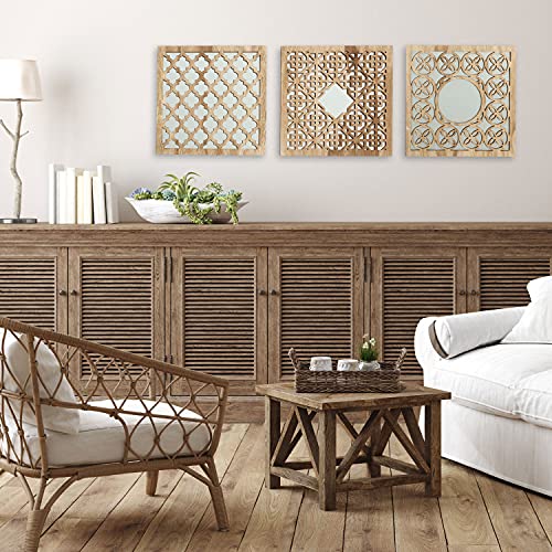 WHW Whole House Worlds Hamptons Lattice Framed Mirrors, Set of 3, Square Panels, Brilliant Reflective Glass, Rustic Wood Grain, MDF, 11.75 x 11.75 Inches