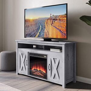 belleze modern 48 inch barn door wood tv stand with 18 inch electric fireplace & media entertainment center console table for tv up to 50 inch with two open shelves and cabinets – corin (light gray)