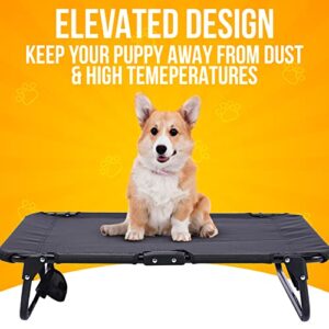 Elevated Dog Cot with Steel Frame – Foldable Raised Play & Rest Bed for Dogs & Cats – Heavy Duty Strong Material Dog Bed, No Assembly Required – Comfortable Pet Cot with Bonus Storage Bag