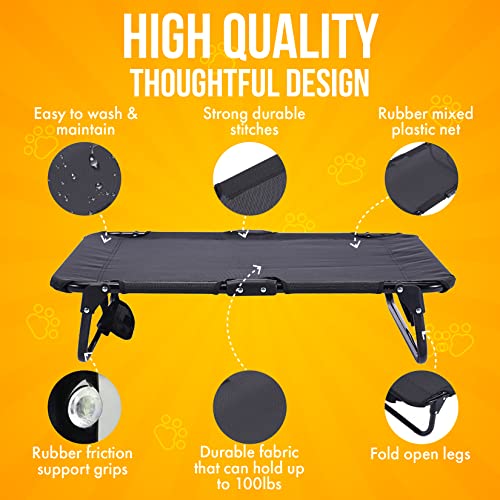 Elevated Dog Cot with Steel Frame – Foldable Raised Play & Rest Bed for Dogs & Cats – Heavy Duty Strong Material Dog Bed, No Assembly Required – Comfortable Pet Cot with Bonus Storage Bag