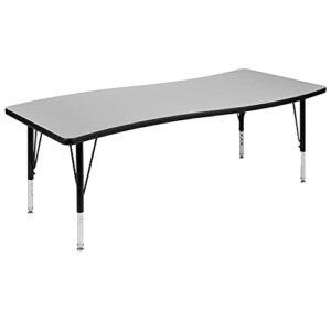 Flash Furniture 3 Piece 86" Oval Wave Collaborative Grey Thermal Laminate Activity Table Set - Height Adjustable Short Legs