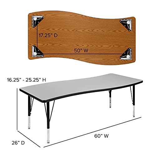 Flash Furniture 3 Piece 86" Oval Wave Collaborative Grey Thermal Laminate Activity Table Set - Height Adjustable Short Legs