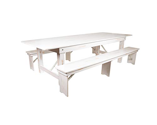 Flash Furniture HERCULES Series 9' x 40" Antique Rustic White Folding Farm Table and Two Bench Set